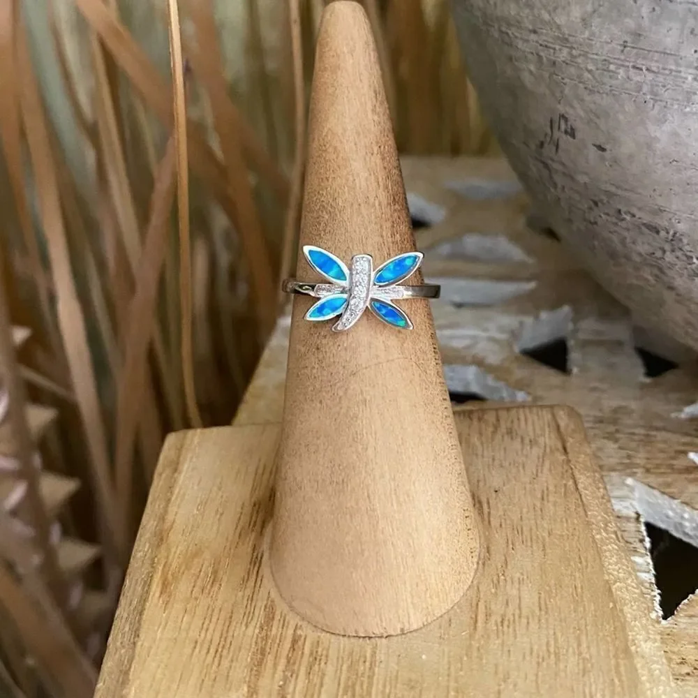 Dragonfly Blue Opal & Cz Sterling Silver Ring 5,6